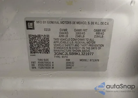 2019 Chevrolet Trax Lt из США, поврежденный, VIN 3GNCJLSB9KL321977